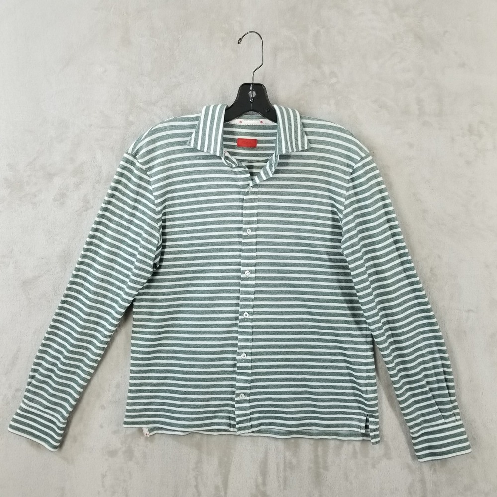 Isaia Napoli Button Shirt Men Green Striped Jersey Piquet Long Sleeve Cotton